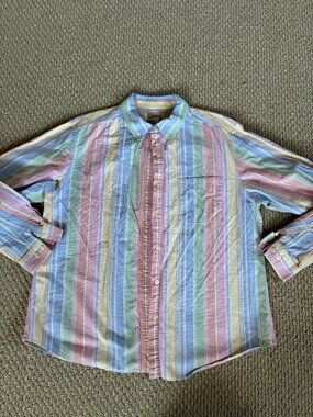 VTG 90s LL Bean Striped Button Down Shirt Pastel Women's Large 100% Cotton Peru